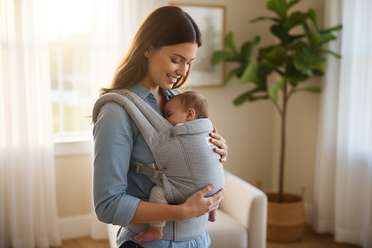a mother carrying a baby in a baby carrier 